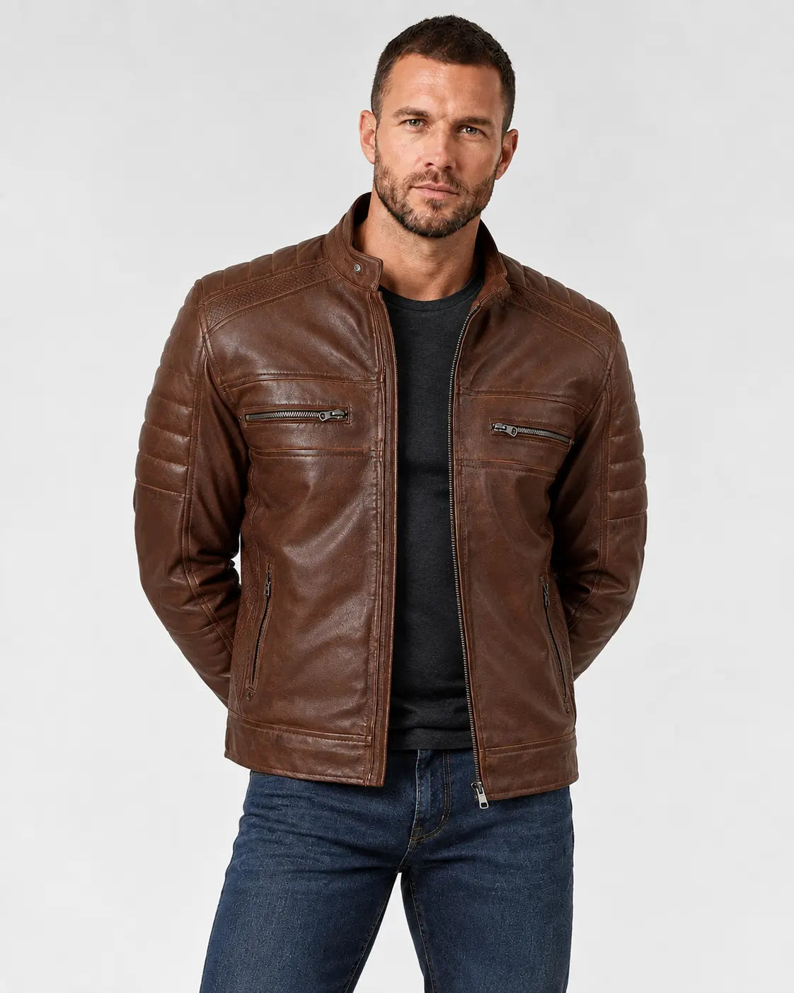 Men's Cognac Brown Cafe Racer Leather Jacket