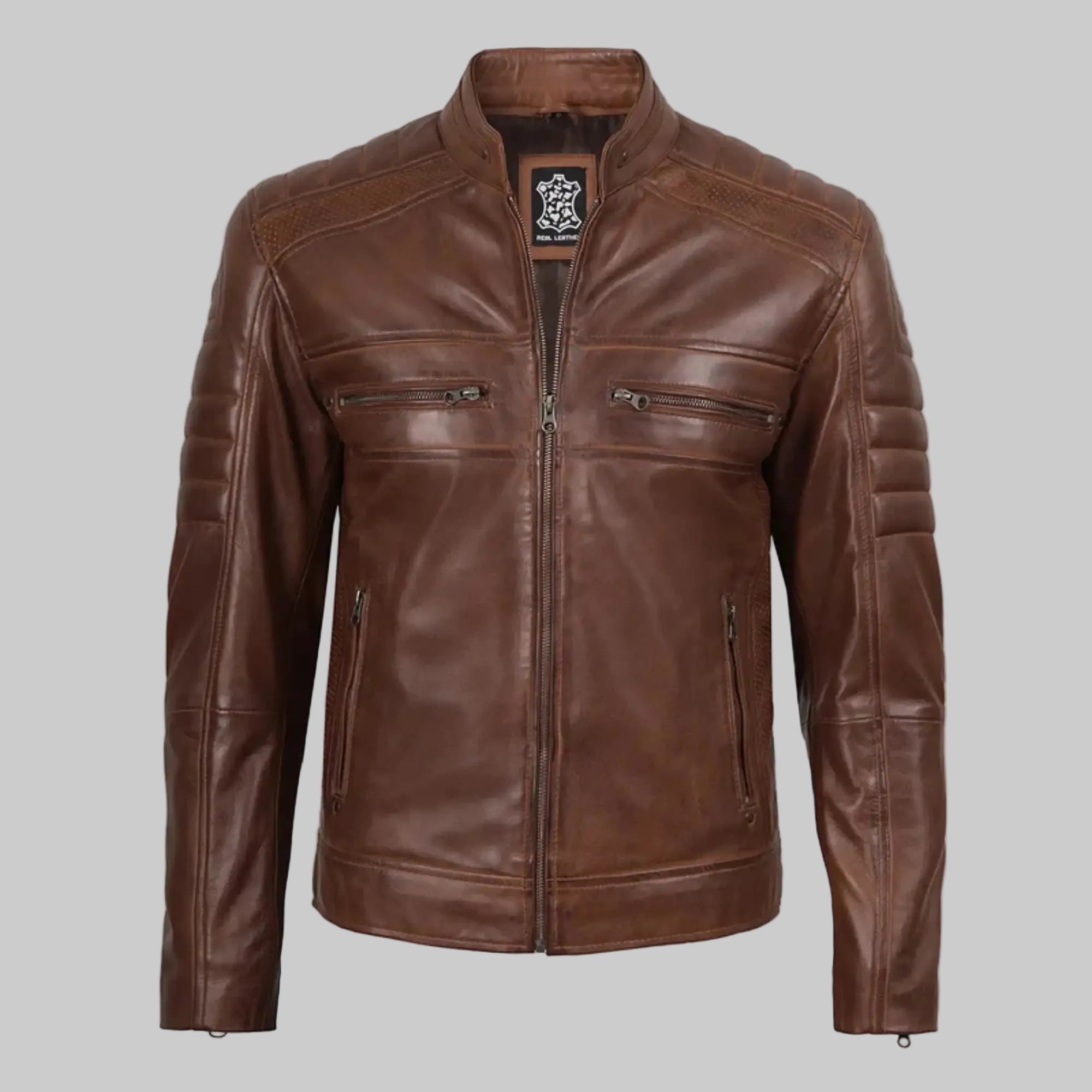 Men's Cognac Brown Cafe Racer Leather Jacket