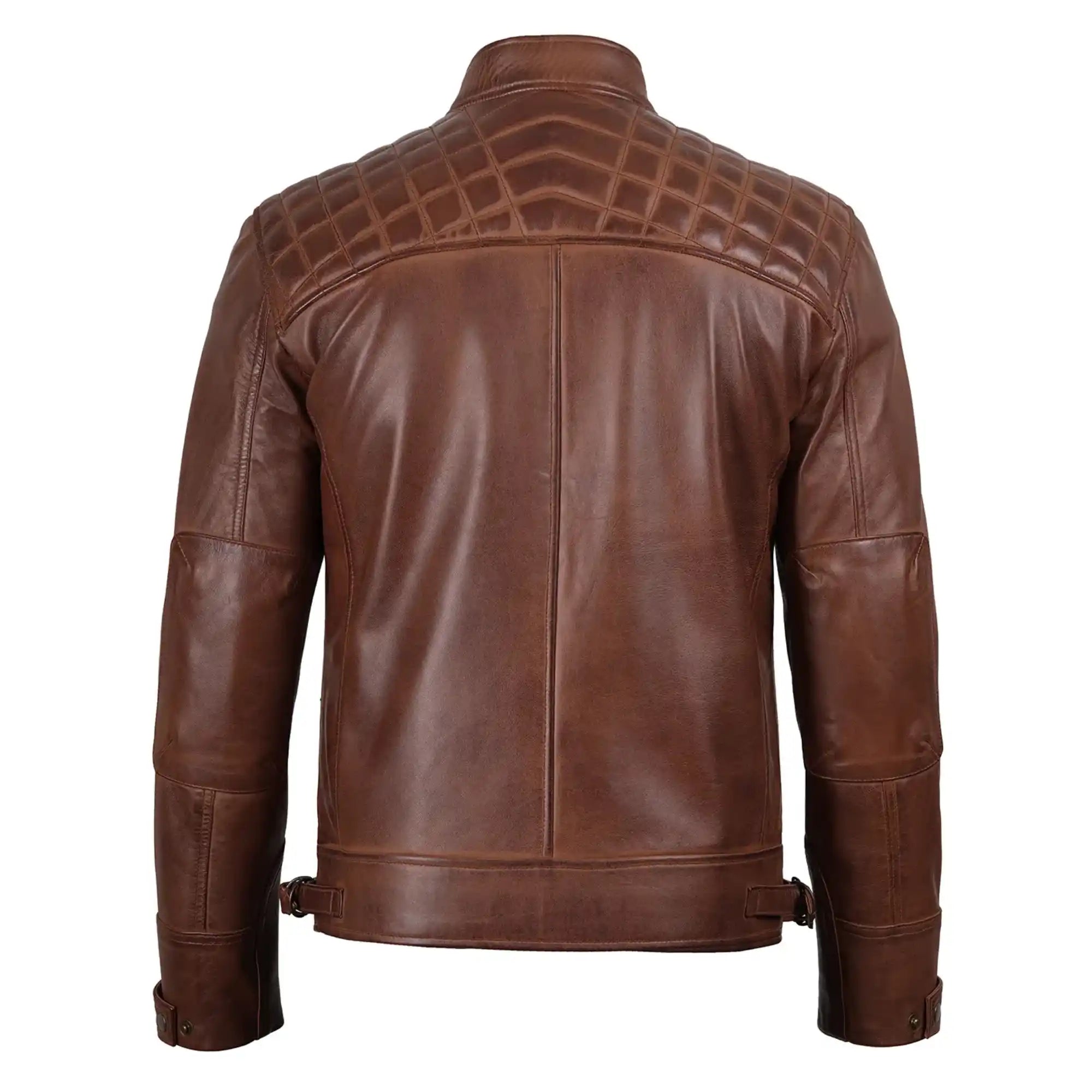 Brown leather jacket with quilted shoulder design on a white background