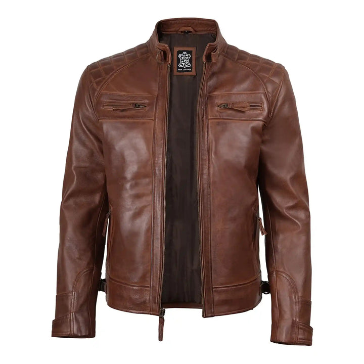 Brown leather jacket on a white background