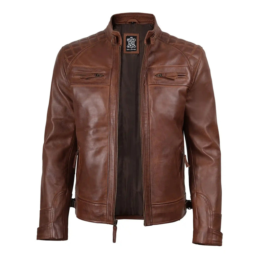 Men’s Cognac Brown Quilted Leather Style Biker Jacket