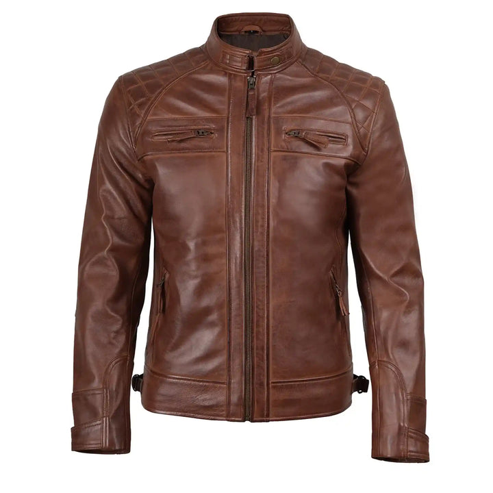 Brown leather jacket on a white background