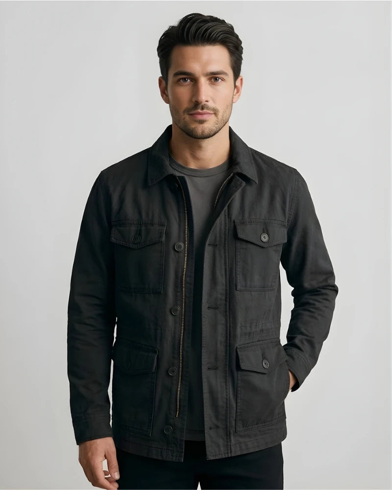 Men's Shirt Style Collar Black Cotton Jacket