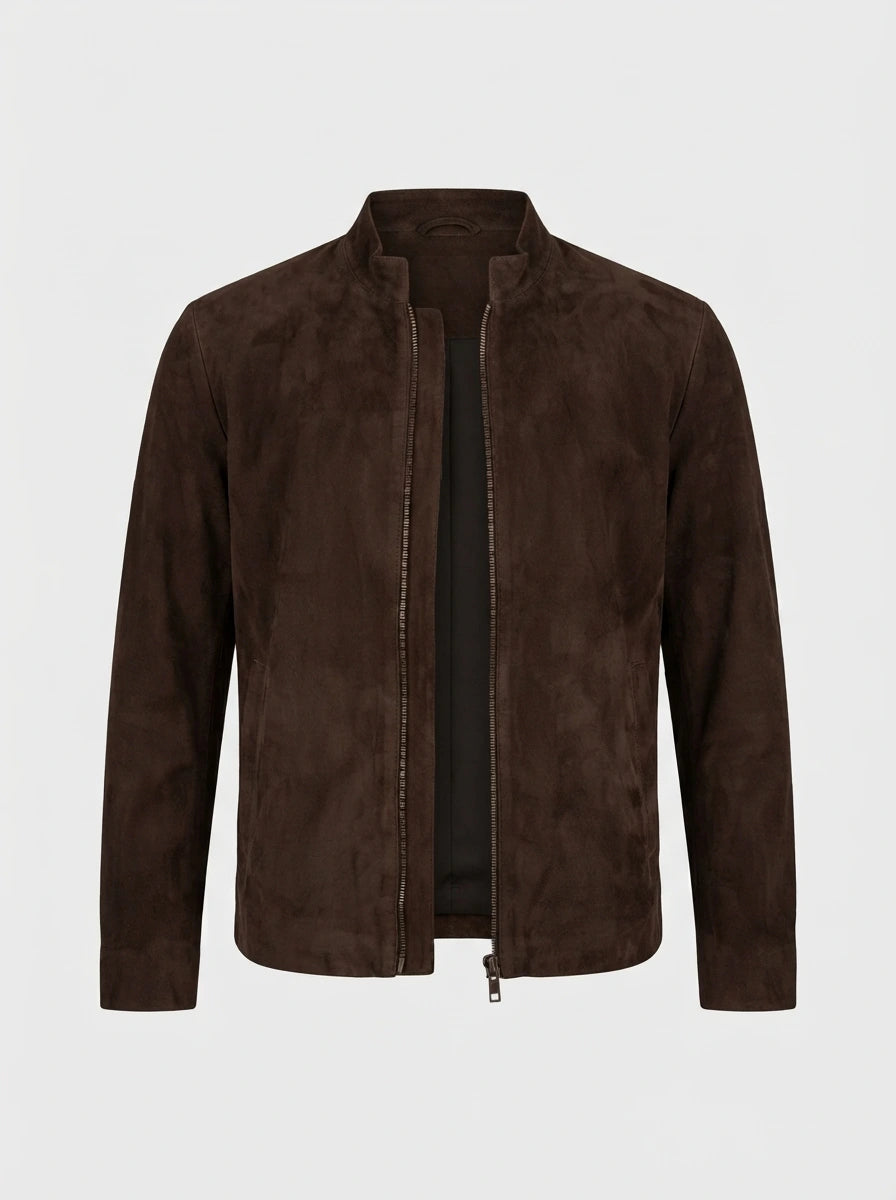 Men’s Dark Brown Goatskin Suede Biker Jacket