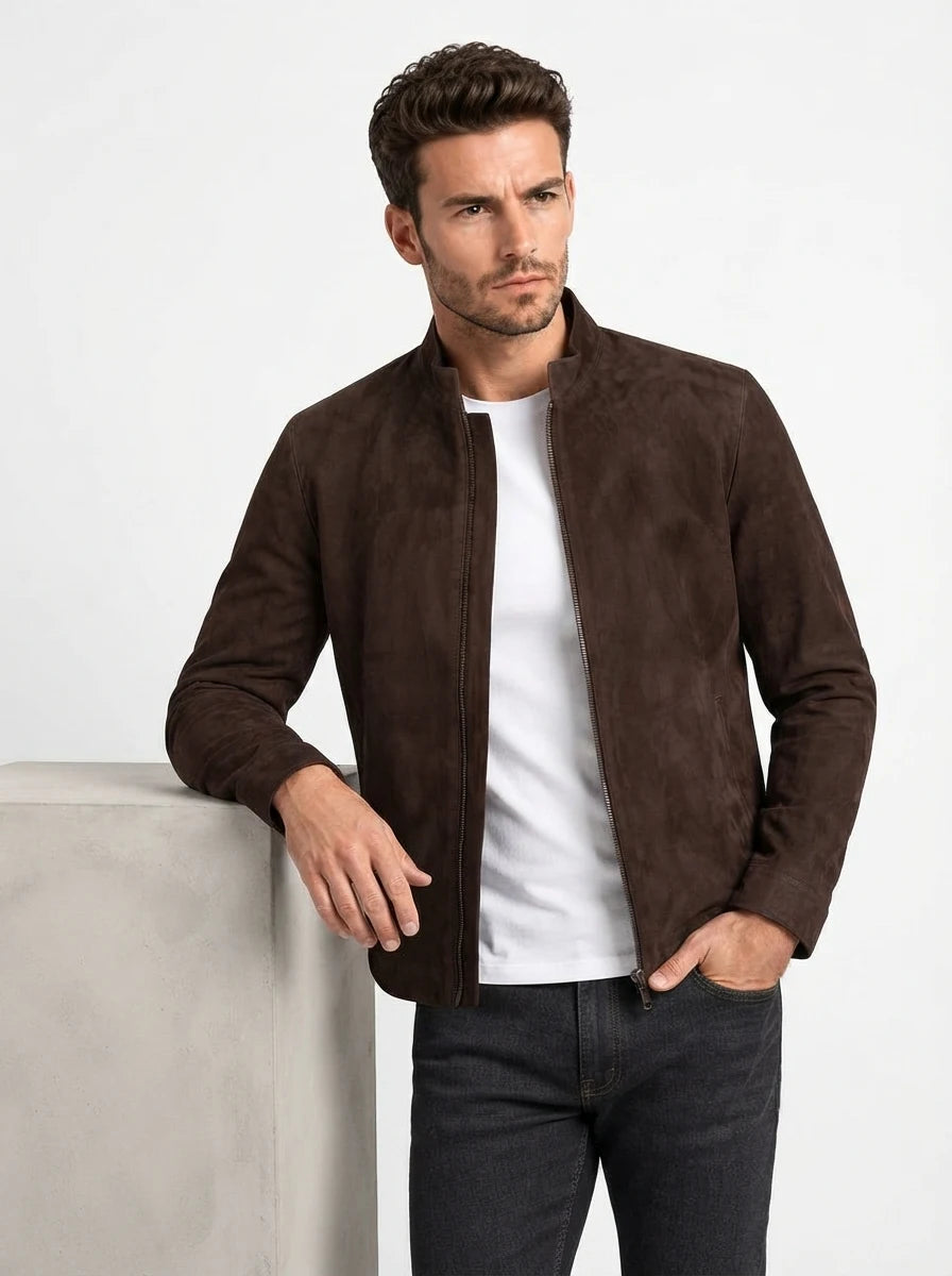 Men’s Dark Brown Goatskin Suede Biker Jacket