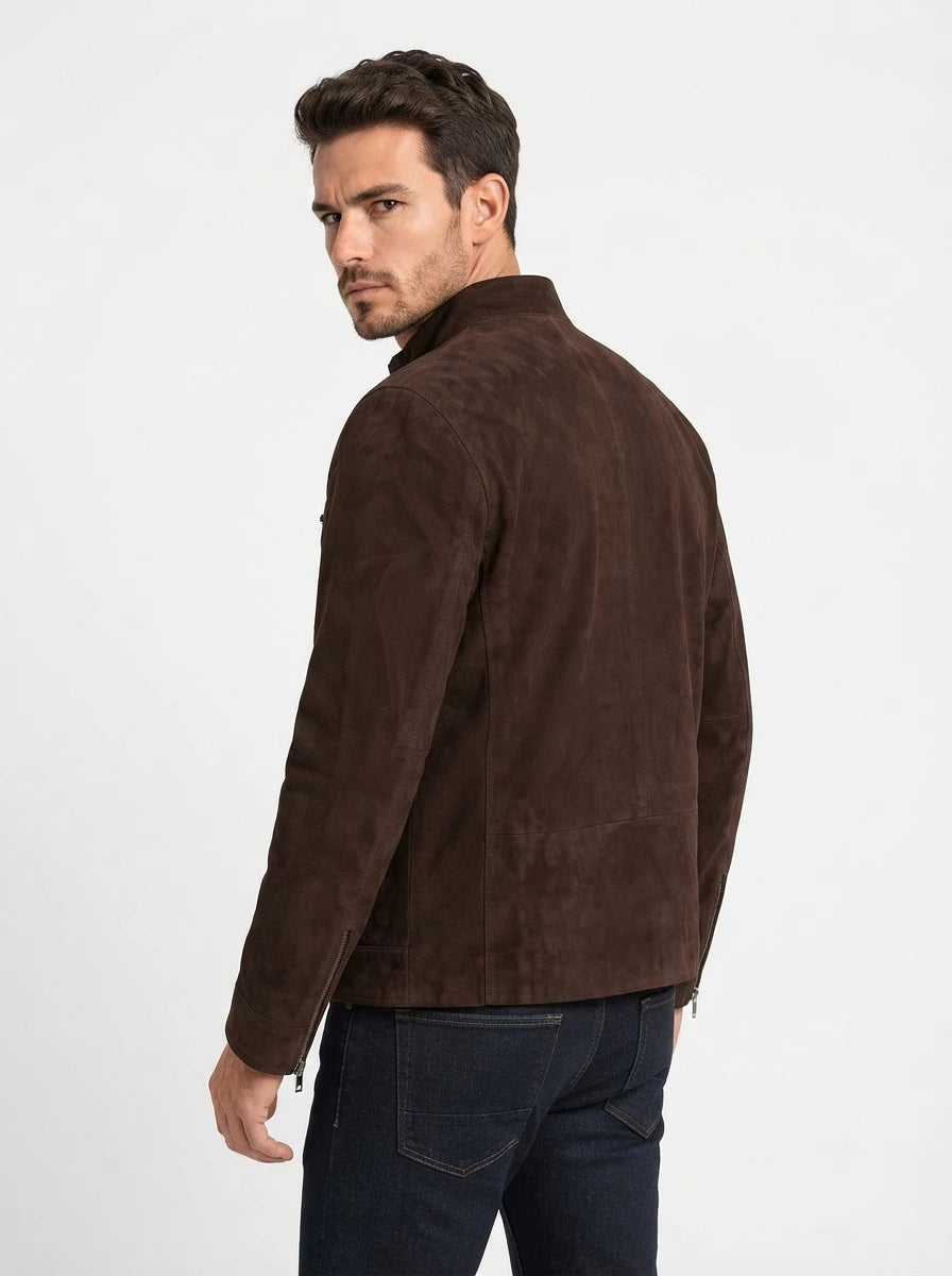 Men’s Dark Brown Goatskin Suede Biker Jacket