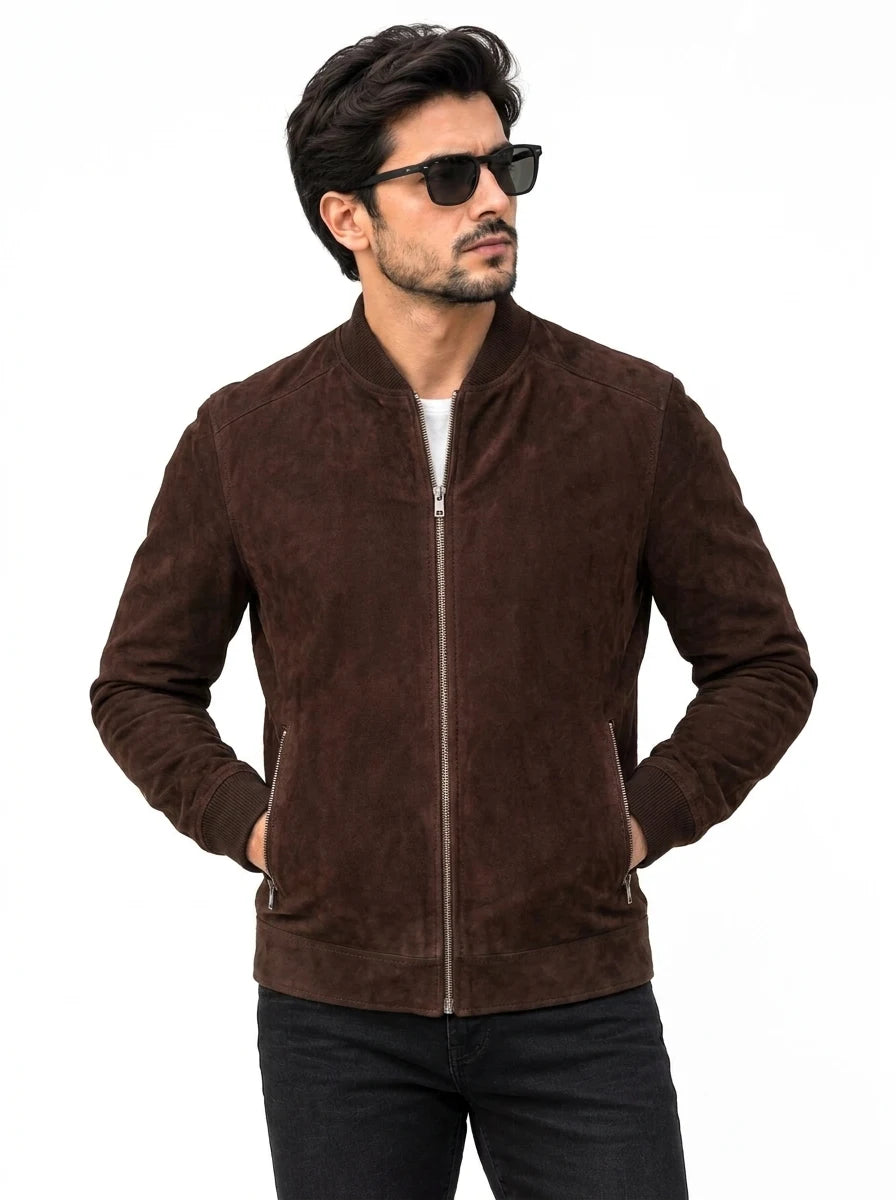 Men’s Dark Brown Goatskin Suede Bomber Jacket