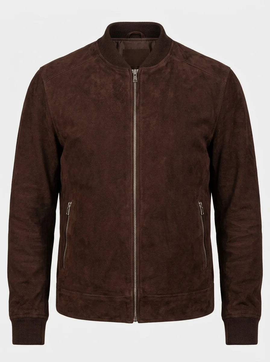 Men’s Dark Brown Goatskin Suede Bomber Jacket