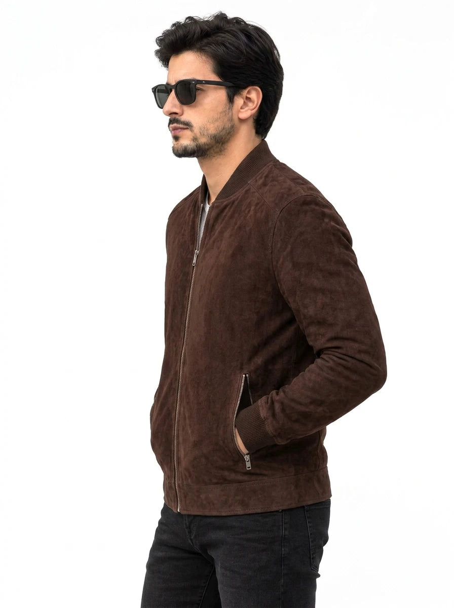 Men’s Dark Brown Goatskin Suede Bomber Jacket