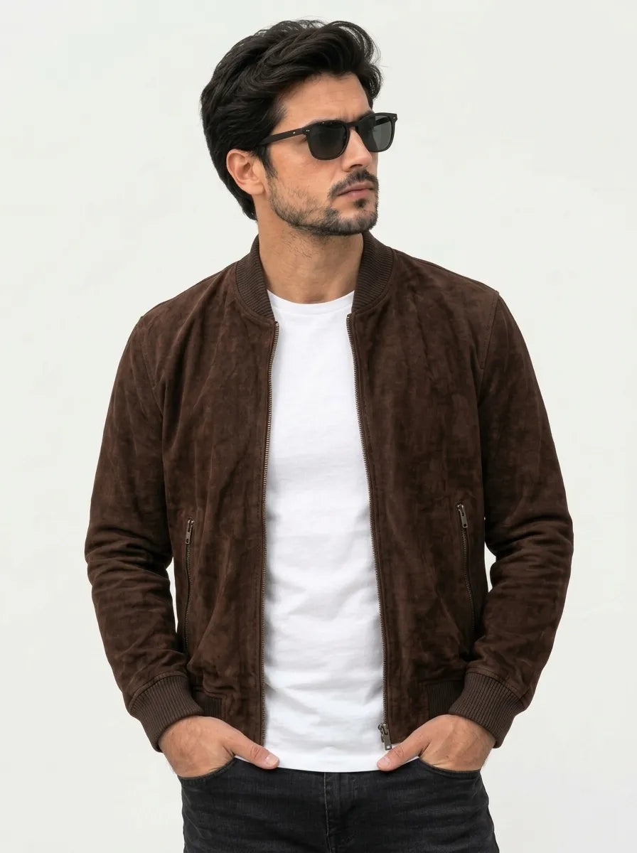 Men’s Dark Brown Suede Bomber Leather Jacket