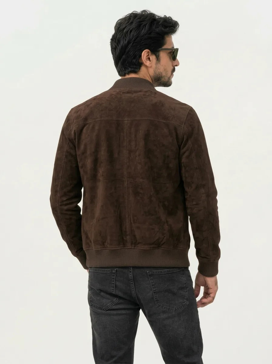 Men’s Dark Brown Suede Bomber Leather Jacket