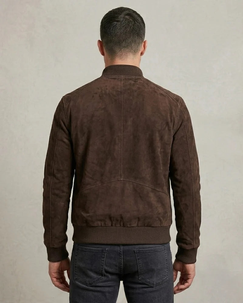Men's Dark Brown Suede Leather Bomber Jacket