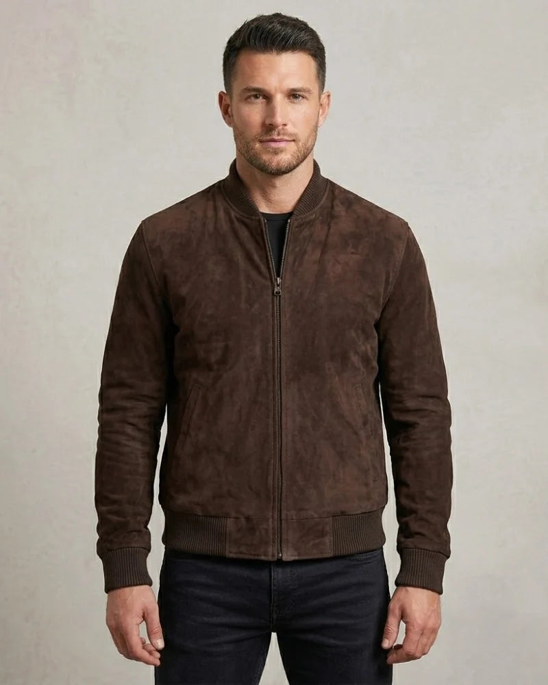 Men's Dark Brown Suede Leather Bomber Jacket