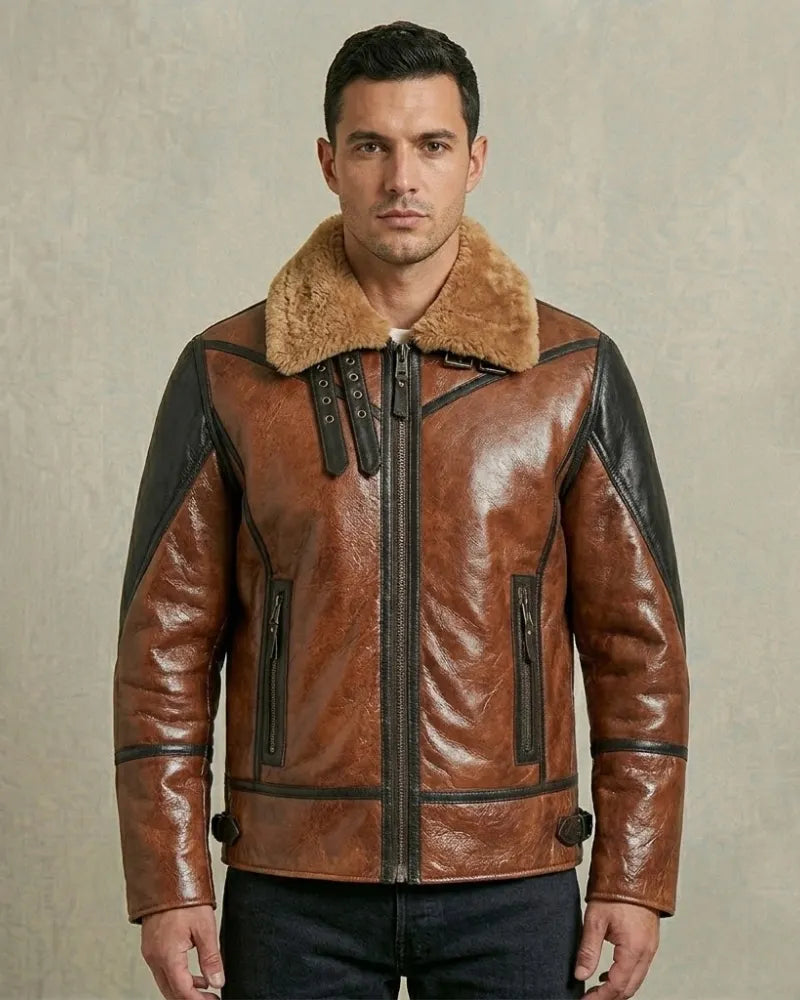 Men's  Flight Aviator Real Sheepskin Fur Collar Leather Jacket