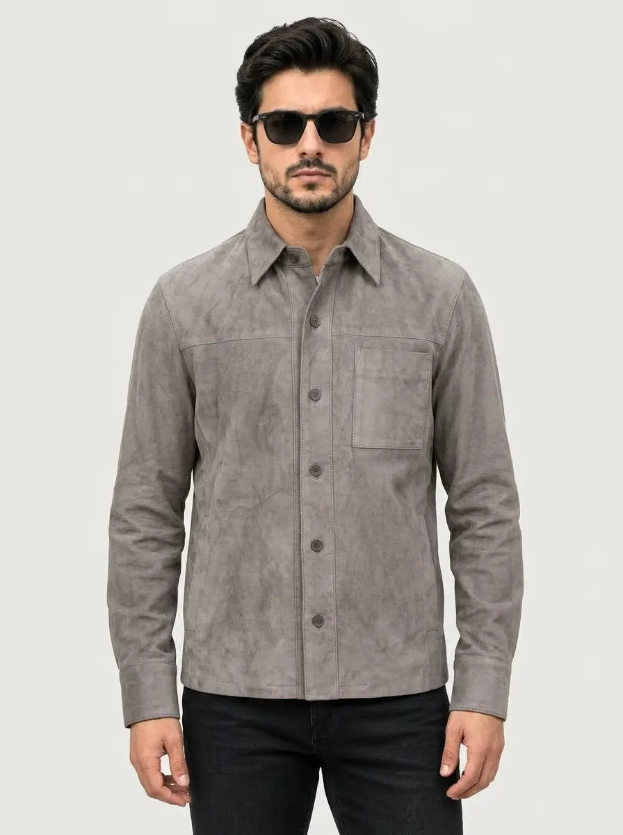 Men’s Grey Suede Leather Shirt Style Jacket