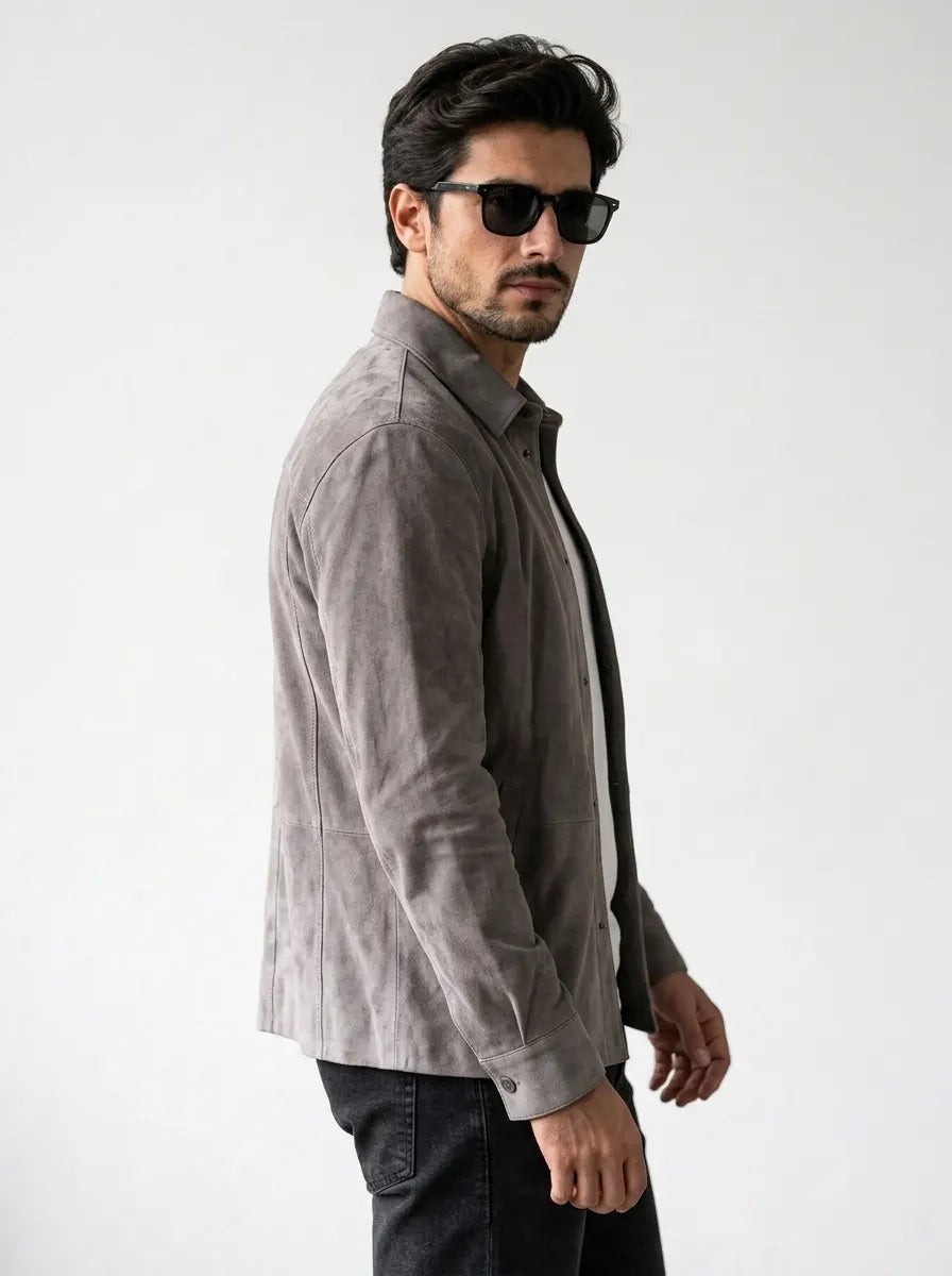 Men’s Grey Suede Leather Shirt Style Jacket