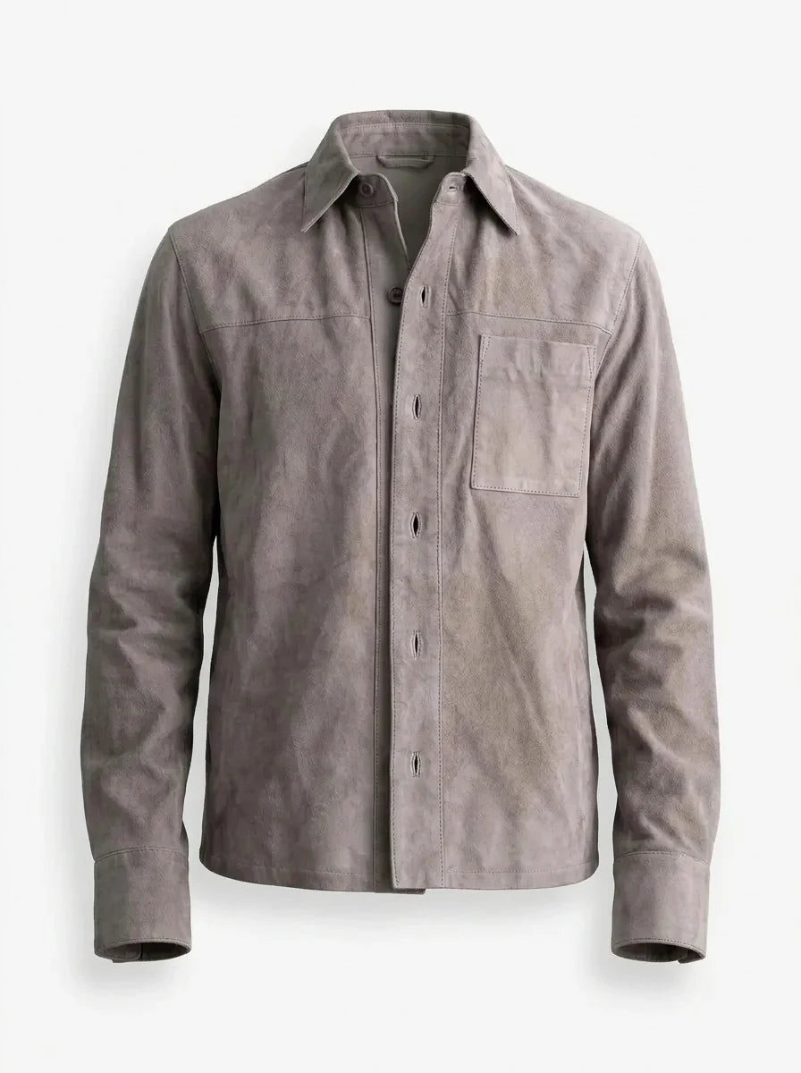 Men’s Grey Suede Leather Shirt Style Jacket