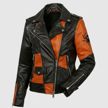 Men's Halloween Patchwork Black and Orange Leather Biker Jacket