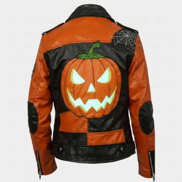Men's Halloween Patchwork Black and Orange Leather Biker Jacket 1
