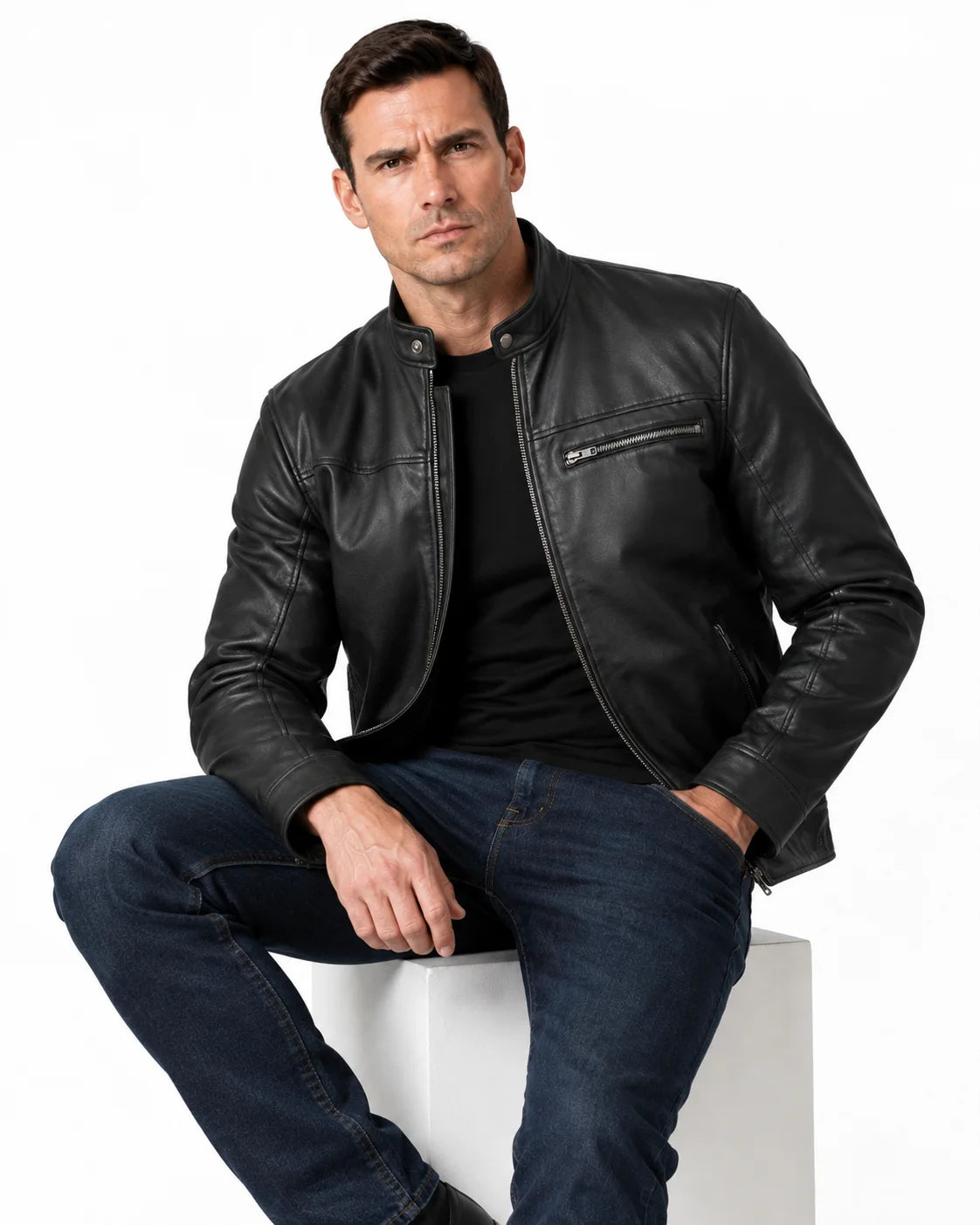 Men's  Leather Black Biker Style Jacket
