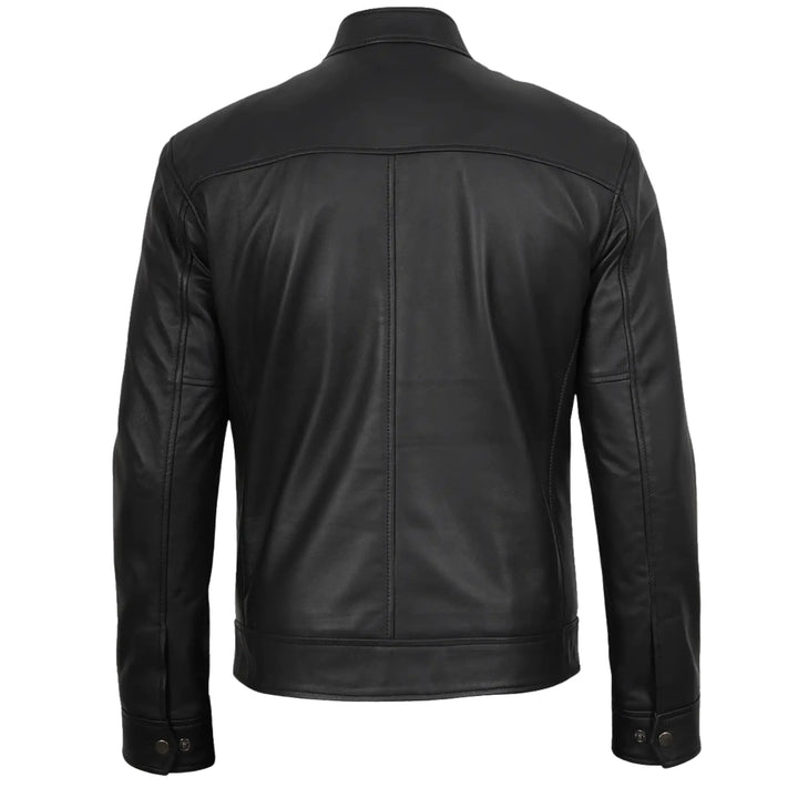 Black leather jacket shown from the back on a white background