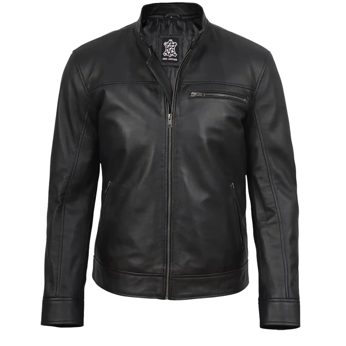 Black leather jacket on a white background