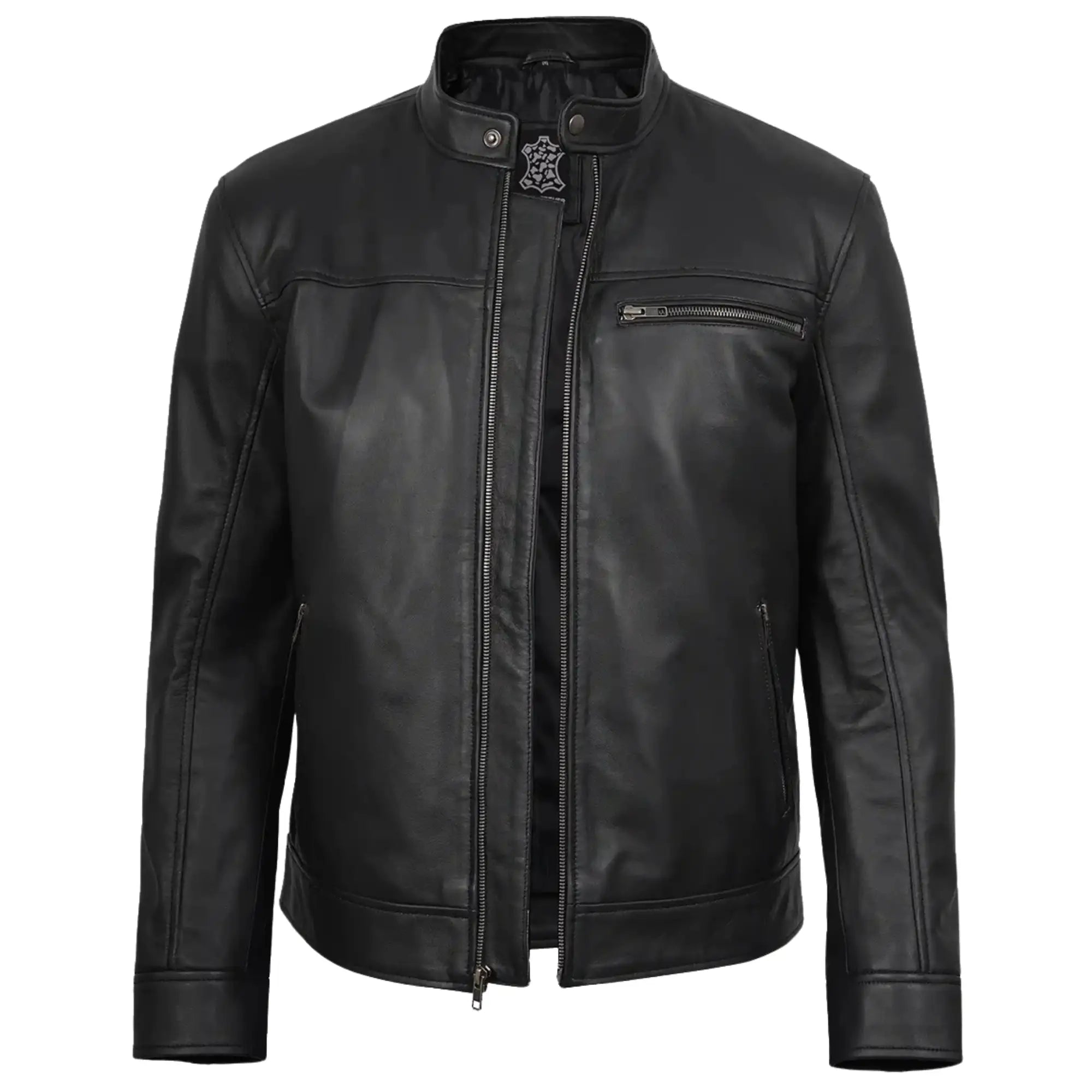 Black leather jacket on a white background