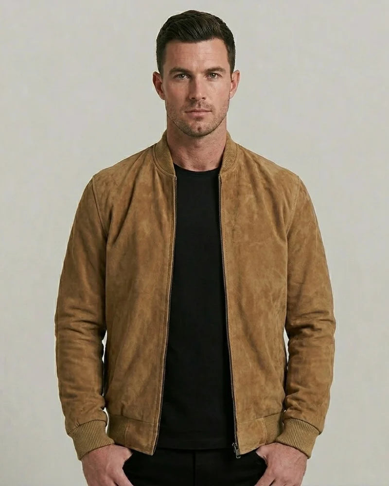 Men's Light Brown Suede Leather Bomber Jacket