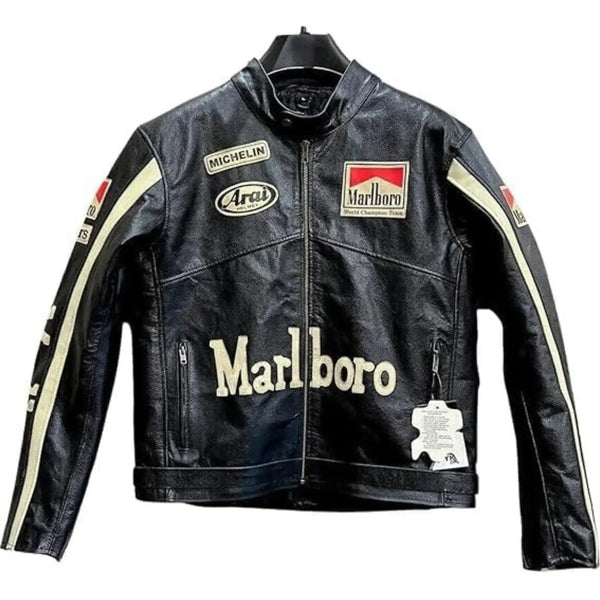 Black leather jacket with various brand logos on a white background