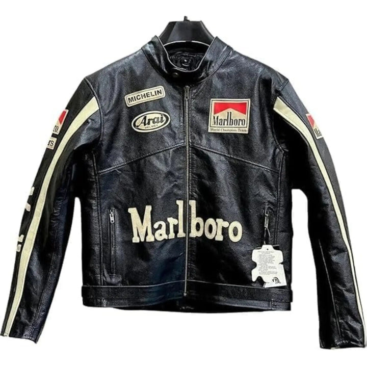 Black leather jacket with various brand logos on a white background