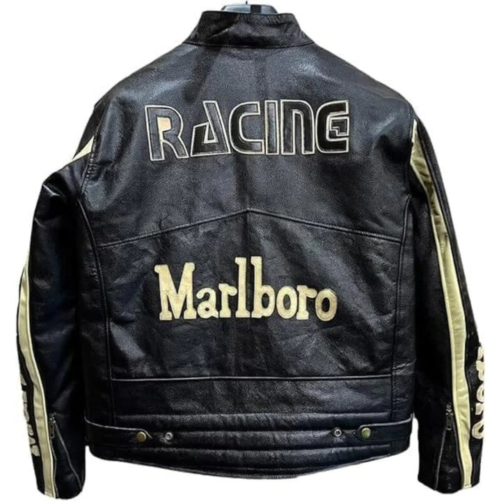 Black leather racing jacket with 'Racing' and 'Marlboro' text on a white background