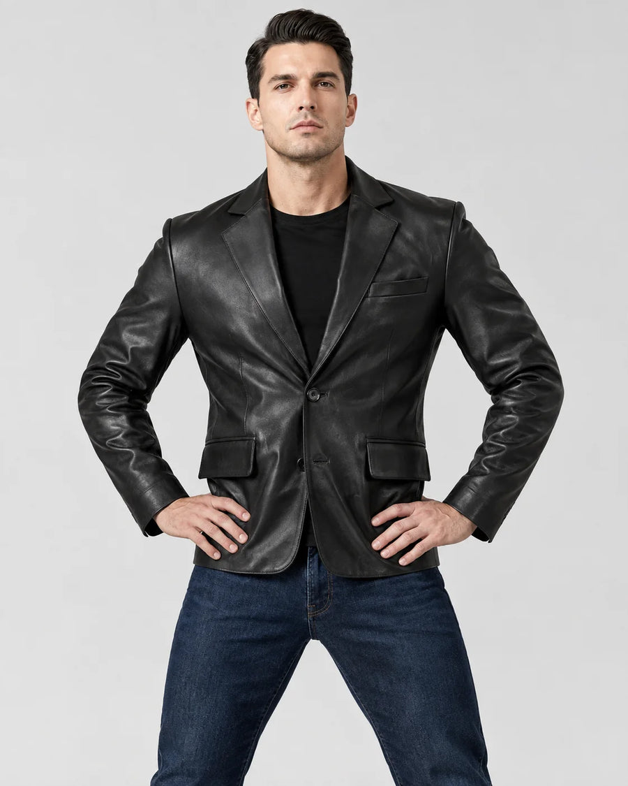 Neon - Men's Notch Lapel Two Button Black Leather Blazer