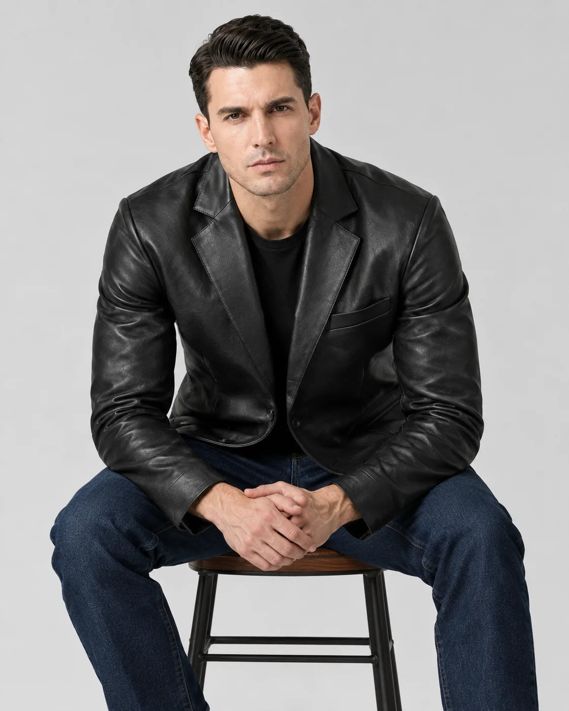 Men's Notch Lapel Two Button Black Blazer Leather Jacket