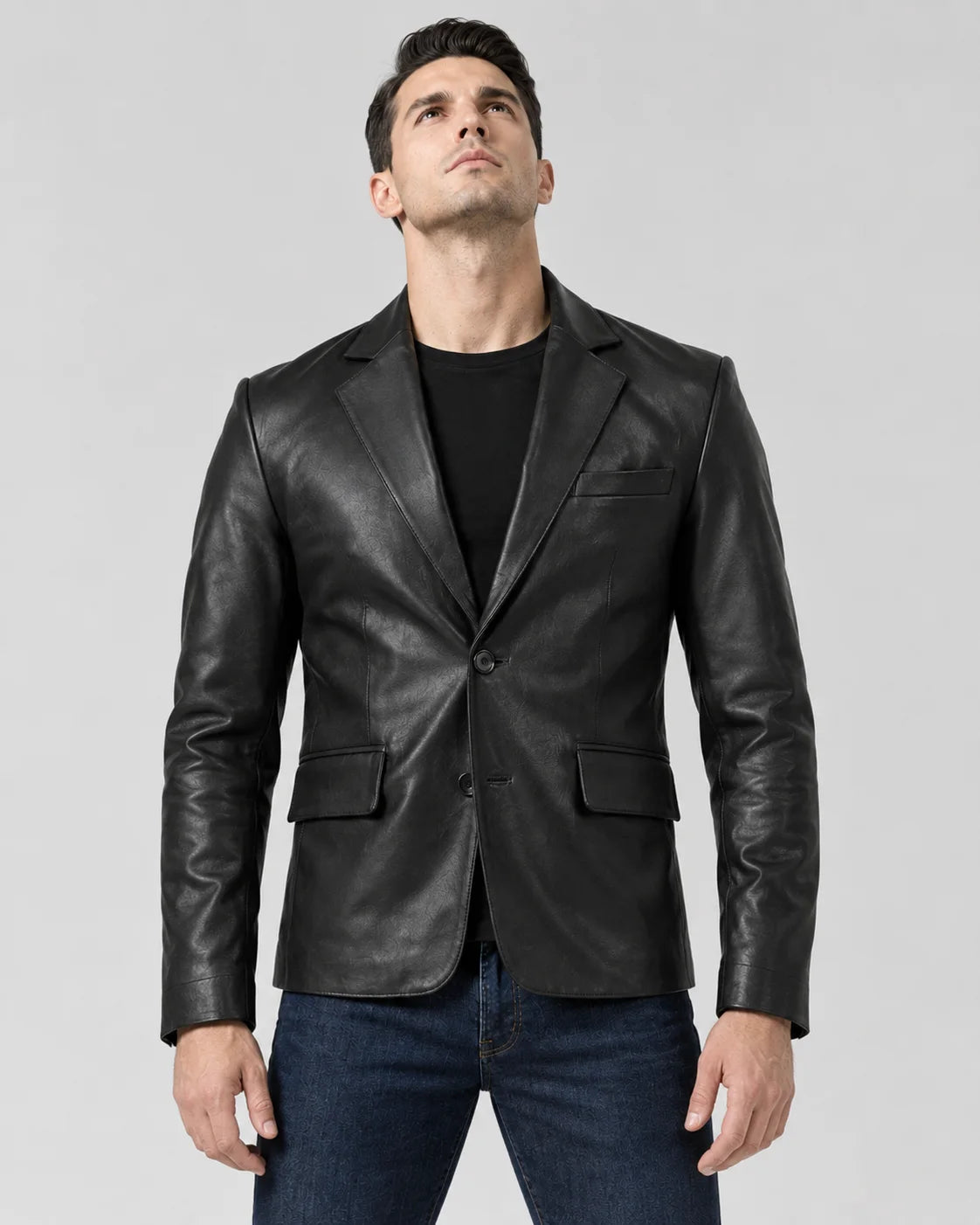 Men's Notch Lapel Two Button Black Blazer Leather Jacket