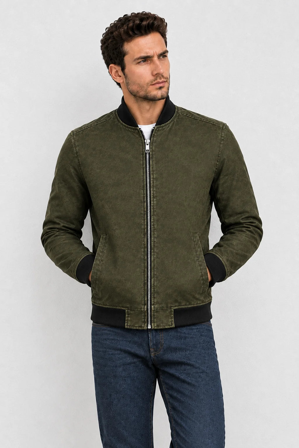 Men's Olive Green Suede Leather Classic Bomber Jacket