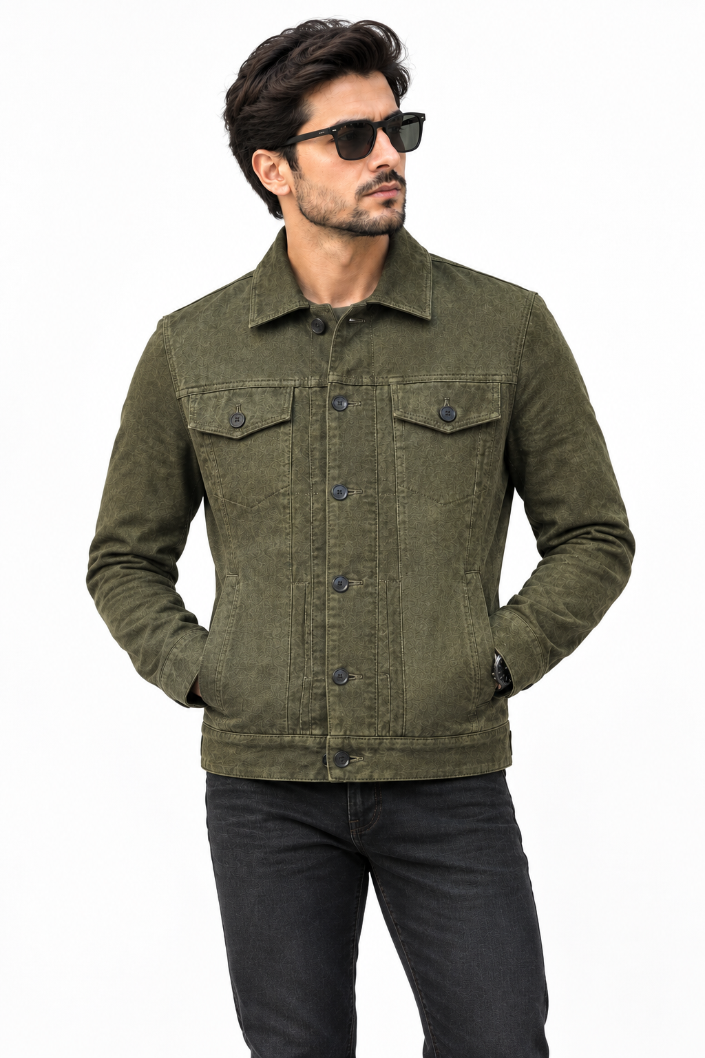 Men's Olive Green Suede Leather Trucker Jacket 1