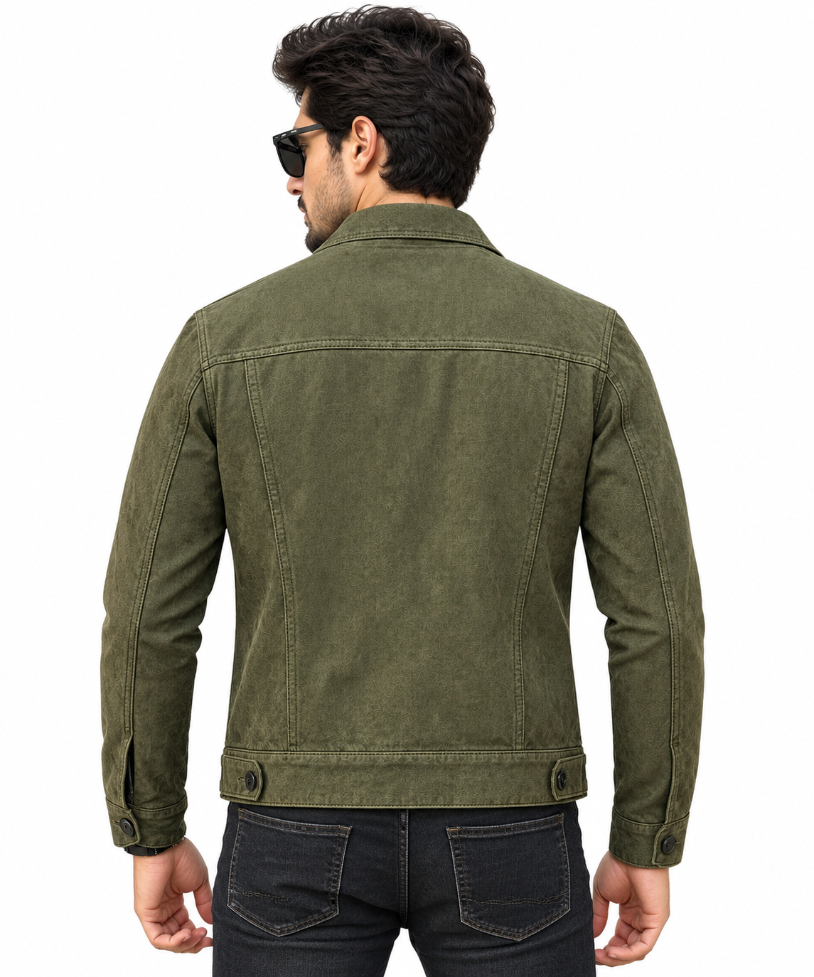 Men's Olive Green Suede Leather Trucker Jacket 2