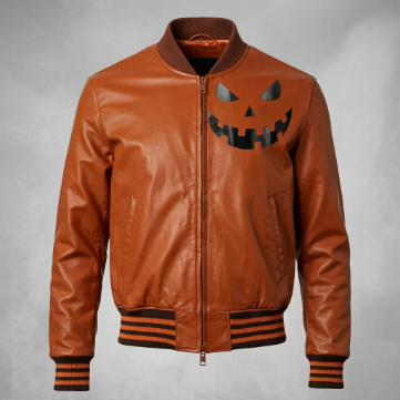 Men's Orange Halloween Pumpkin Leather Bomber Jacket