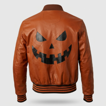Men's Orange Halloween Pumpkin Leather Bomber Jacket 3