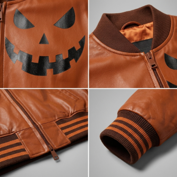 Men's Orange Halloween Pumpkin Leather Bomber Jacket 4