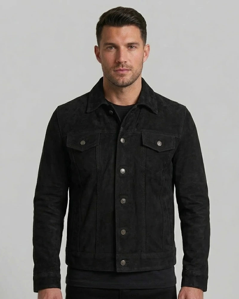 Mens Premium Black Suede Trucker Leather Jacket