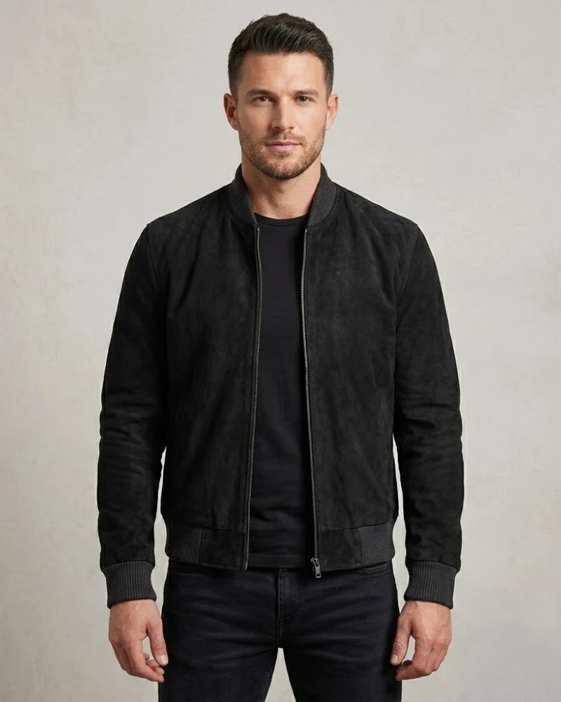 Men's Premium Real Suede Black Leather Bomber Jacket