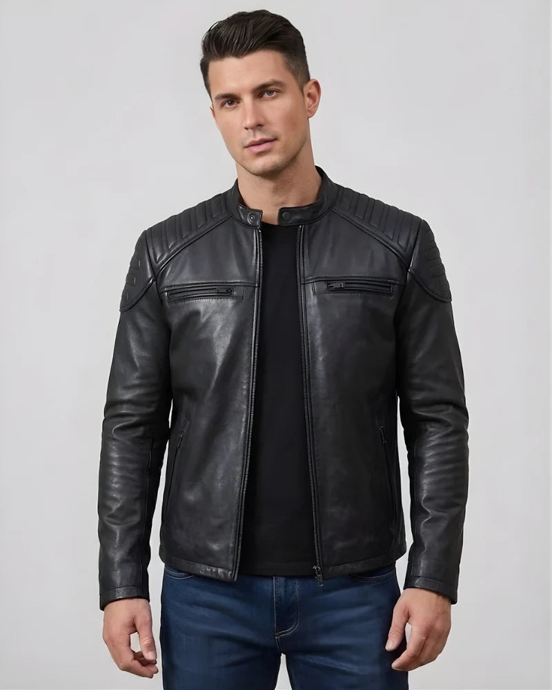 Men Real Leather Motorcycle Jacket in Quilted Design