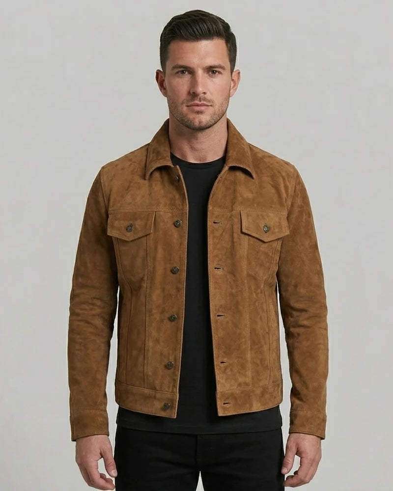 Men's Real Suede Tan Button Down Leather Jacket