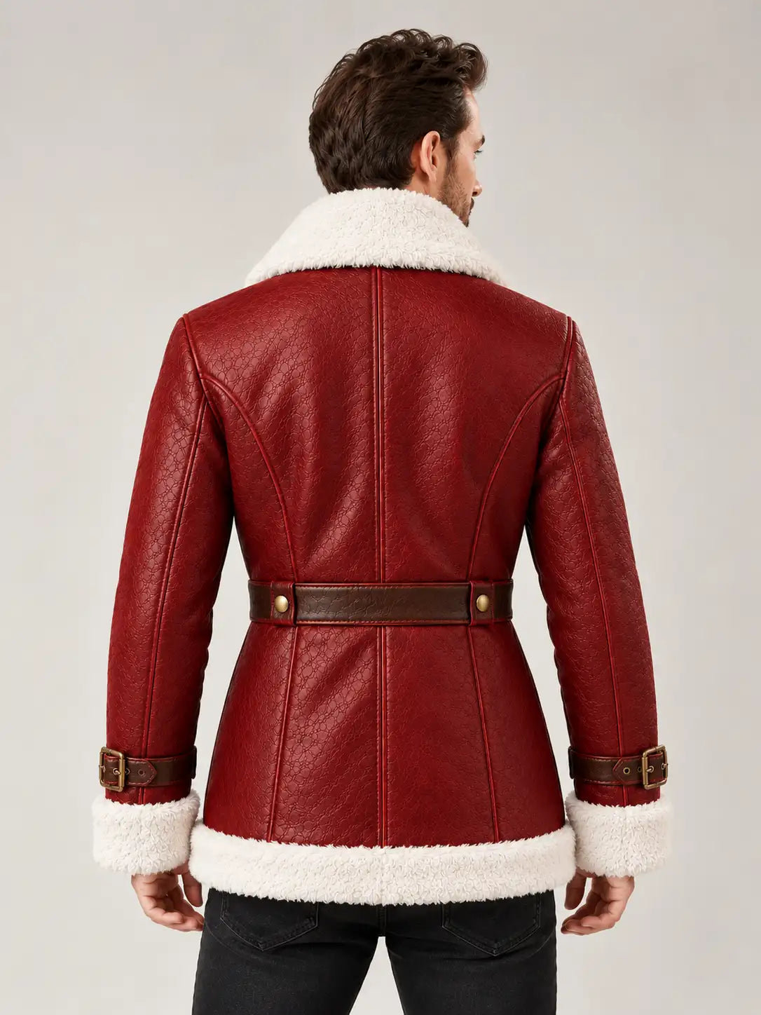 Men's Red Leather Winter Coat with White Faux Fur Trim and Belted Waist