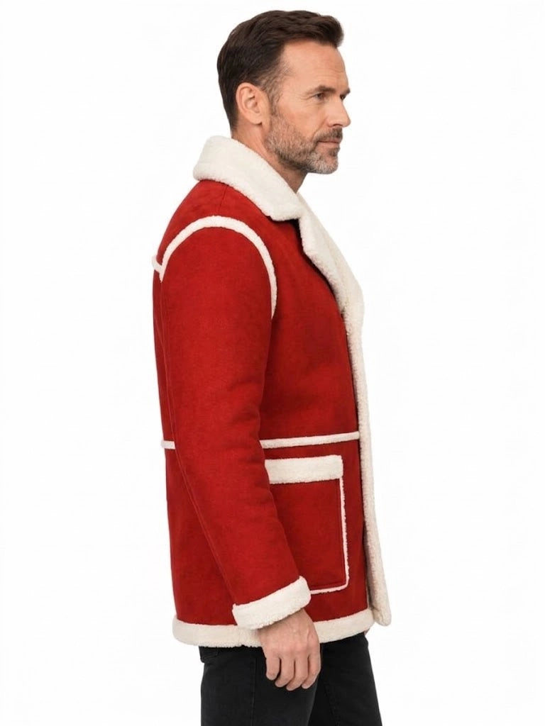Men's Red Sheepskin Leather Santa Claus Coat with Faux Fur Trim