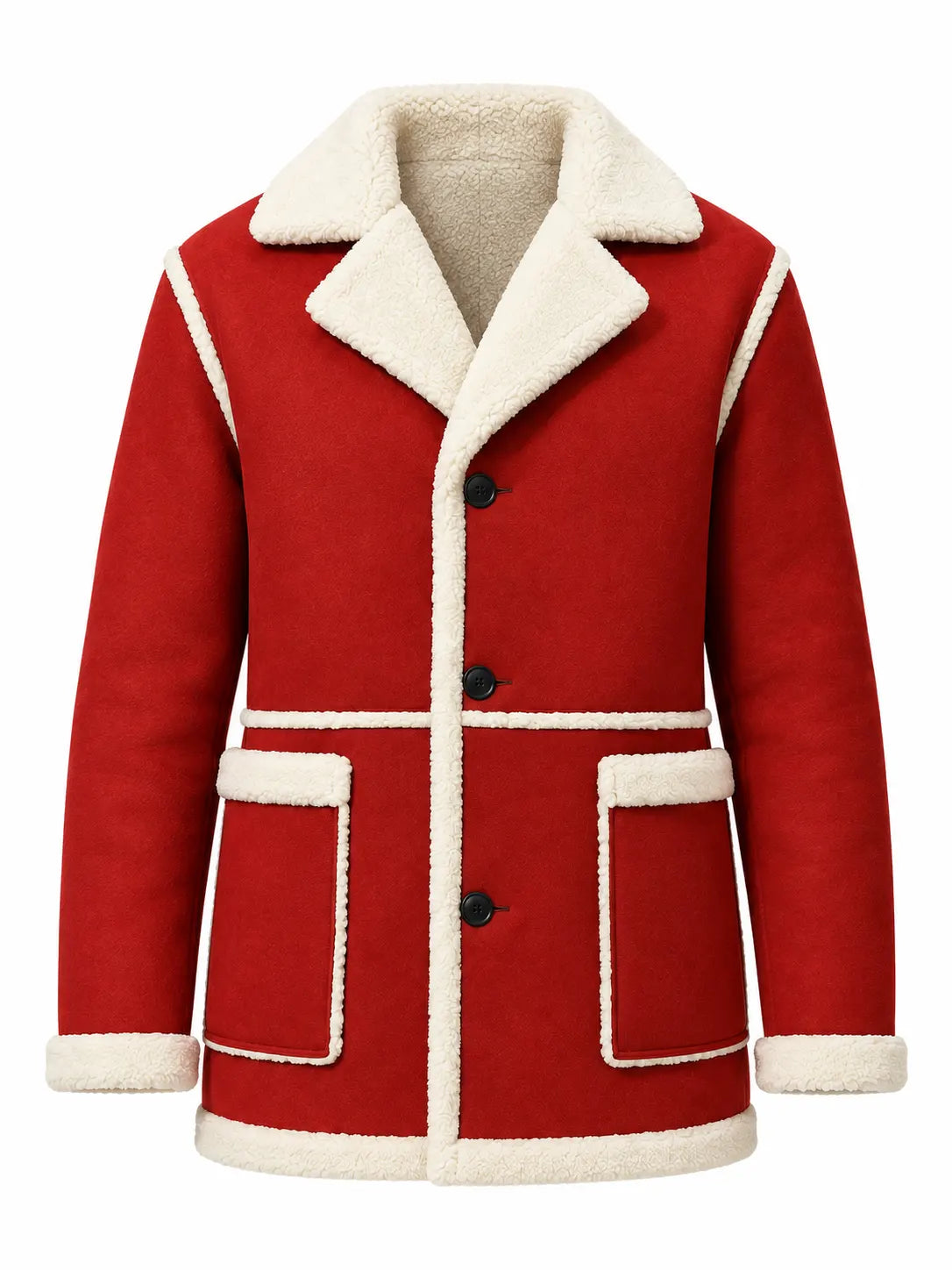 Men's Red Sheepskin Leather Santa Claus Coat with Faux Fur Trim