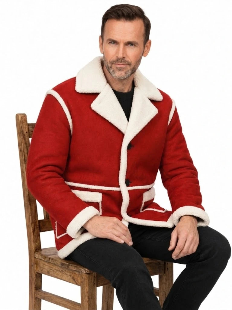 Men's Red Sheepskin Leather Santa Claus Coat with Faux Fur Trim