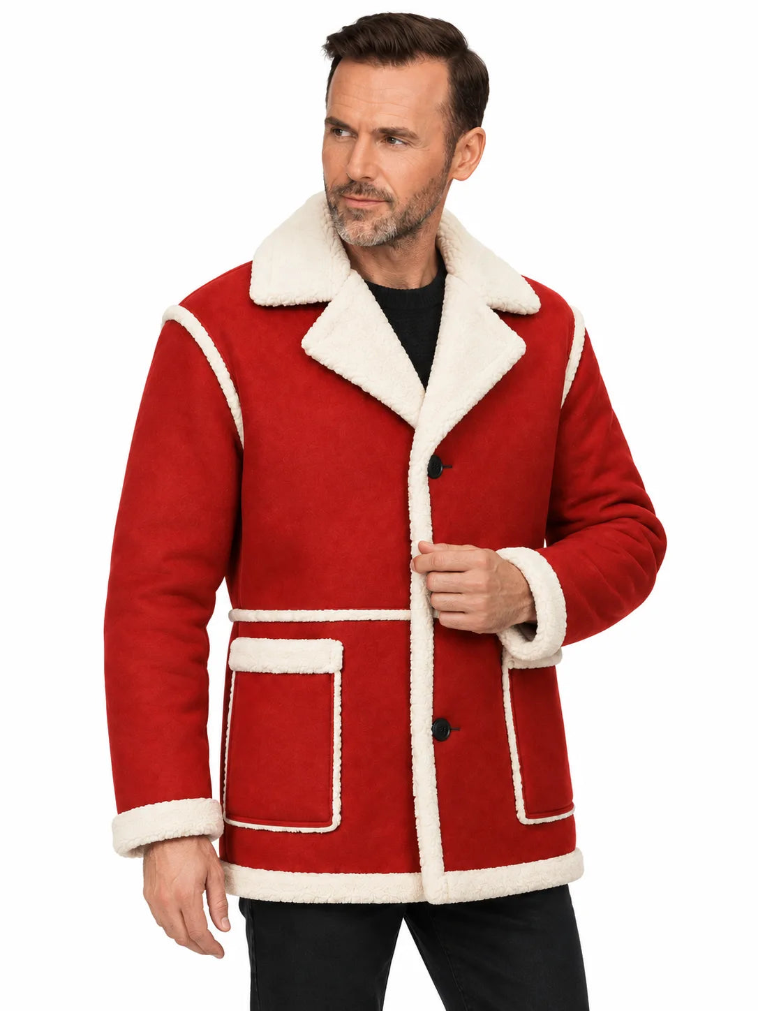 Men's Red Sheepskin Leather Santa Claus Coat with Faux Fur Trim