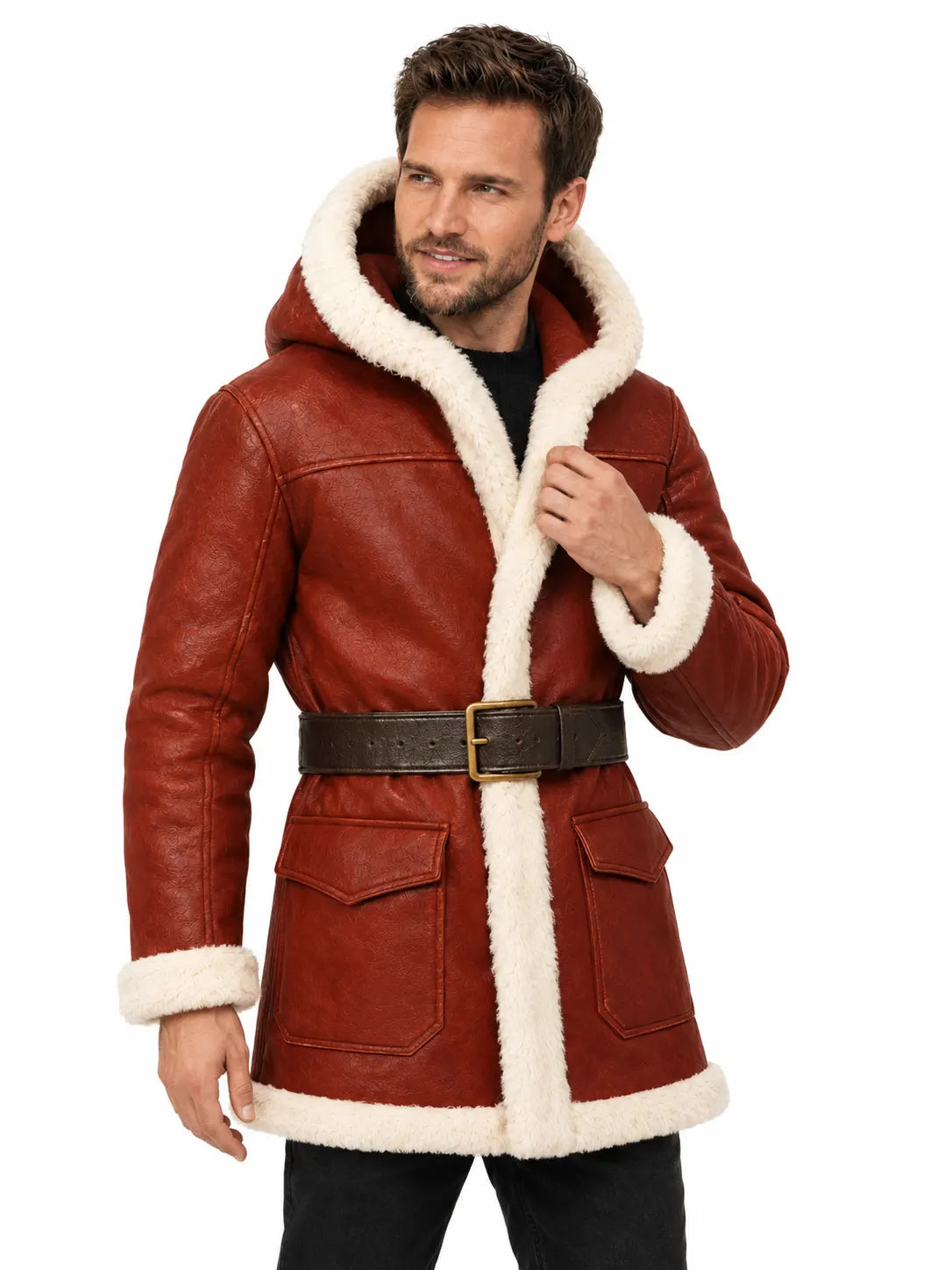Men's Red Sheepskin Leather Santa Coat